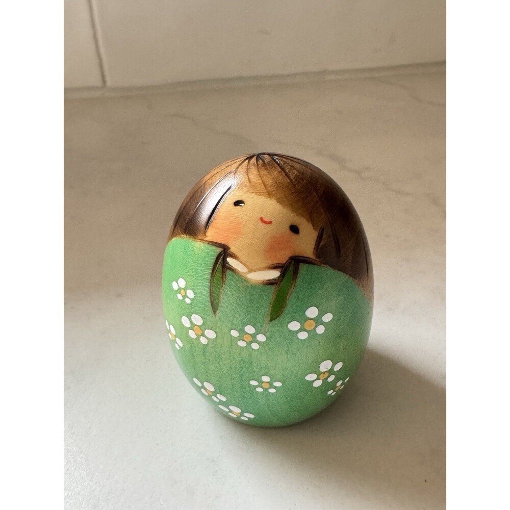 Authentic Usaburo Kokeshi Doll Shiawase Green Egg Happy Girl Japan W/ BOX